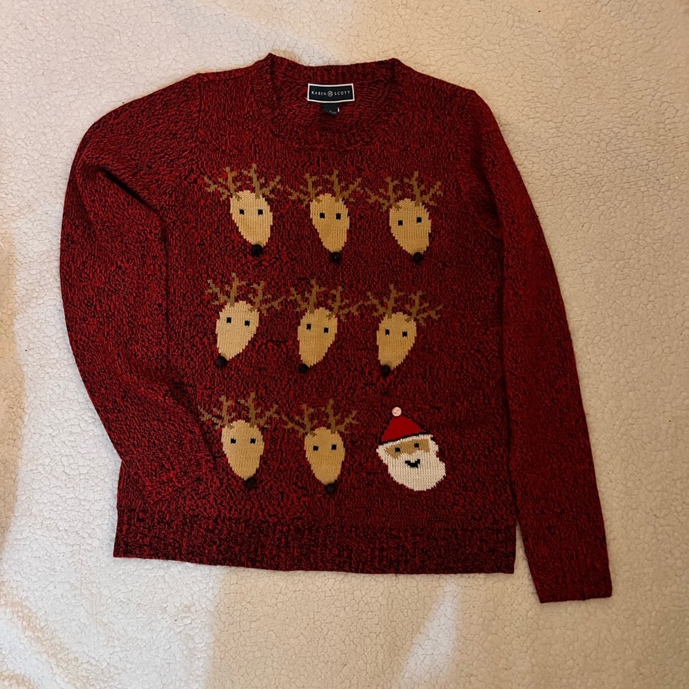 Karen Scott Size Small Red Christmas Sweater w/ Reindeer and Santa, Like New